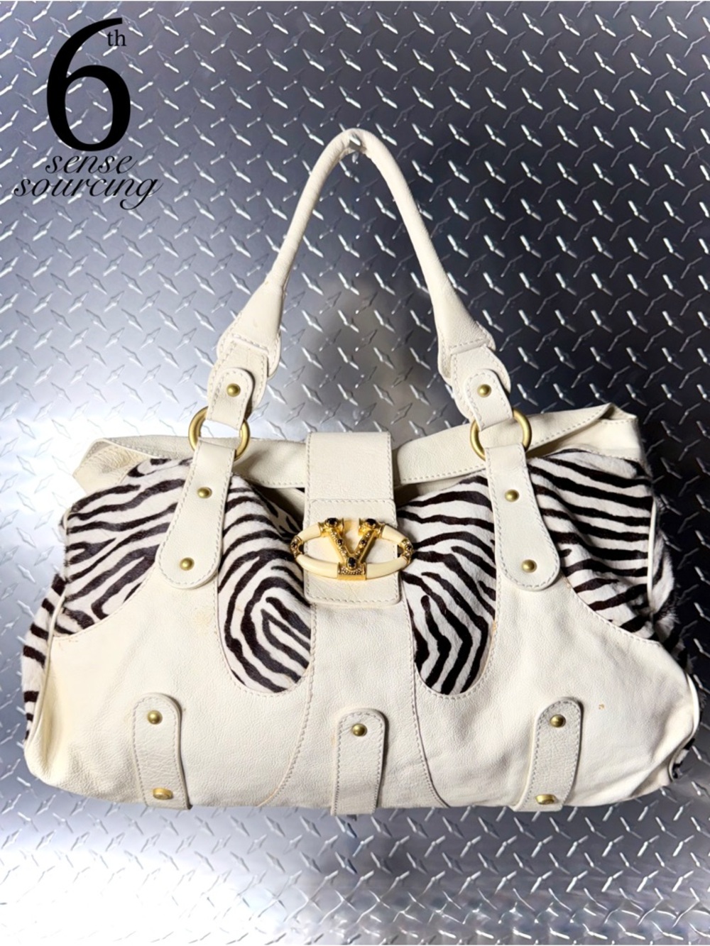 Valentino Vintage Embellished Logo Pony Hair Zebra Catch Tote in White/Brown